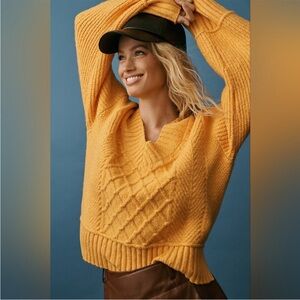 Maeve Anthropologie The Tillie V-Neck Sweater Chunky Cable Knit Yellow Orange M